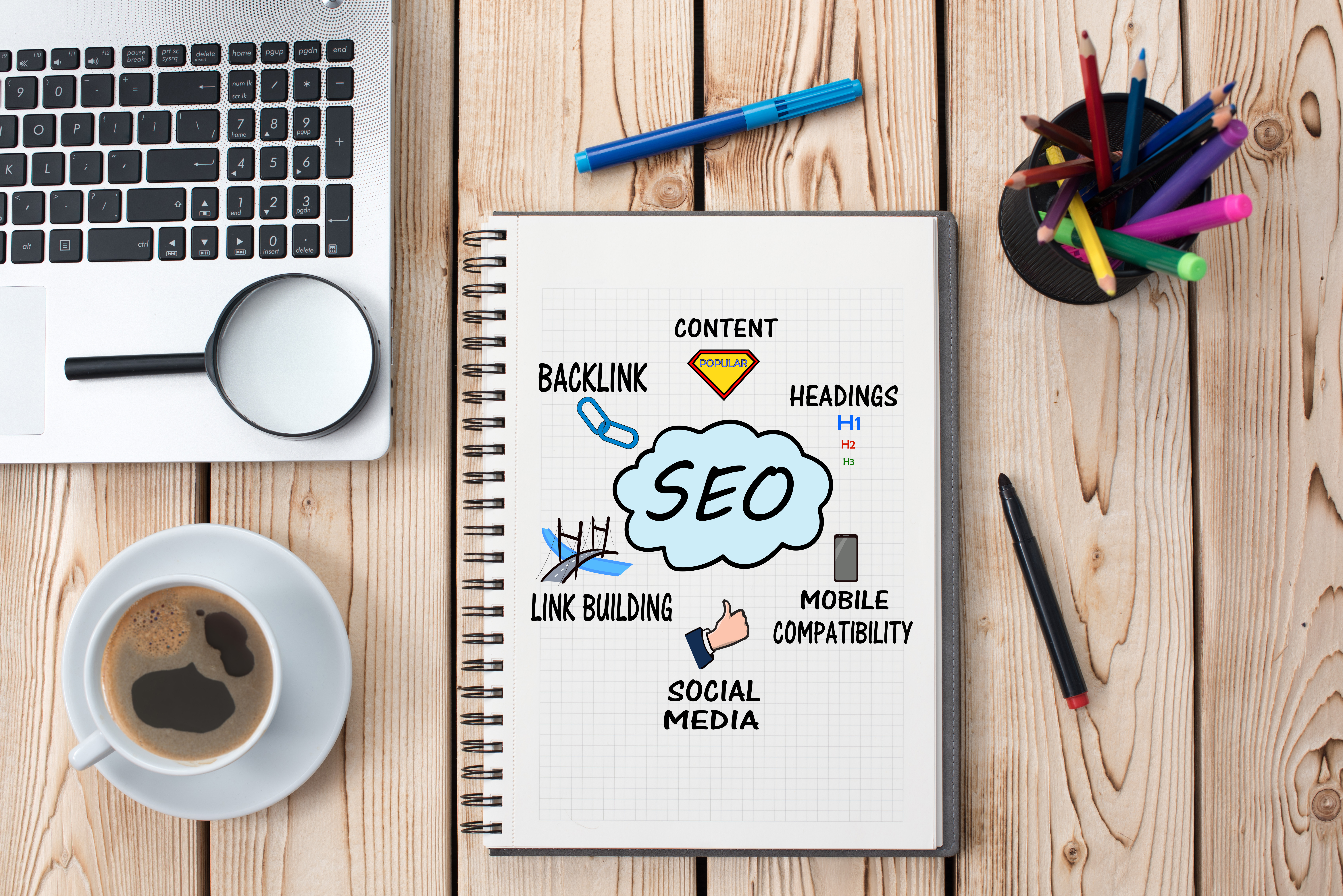 notebook with notes on SEO